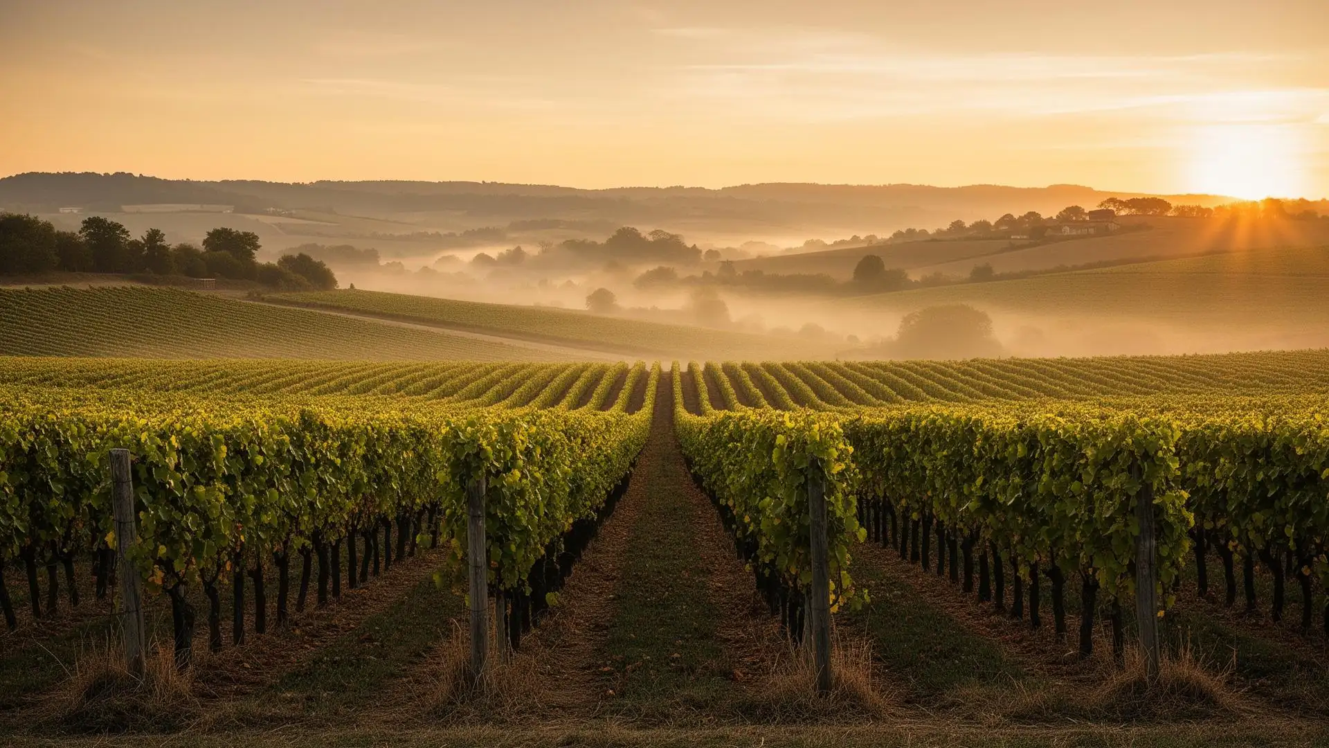 Vignoble français au lever du soleil — domaine viticole en Aquitaine équipé du logiciel VitiPilote
